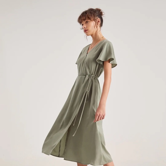 Flutter Sleeve Side Tie Wrap Midi Dress - Picture 3 of 6